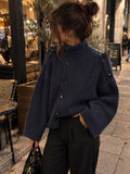Gilet pull «BLEU NUIT »  à boutons et col montant