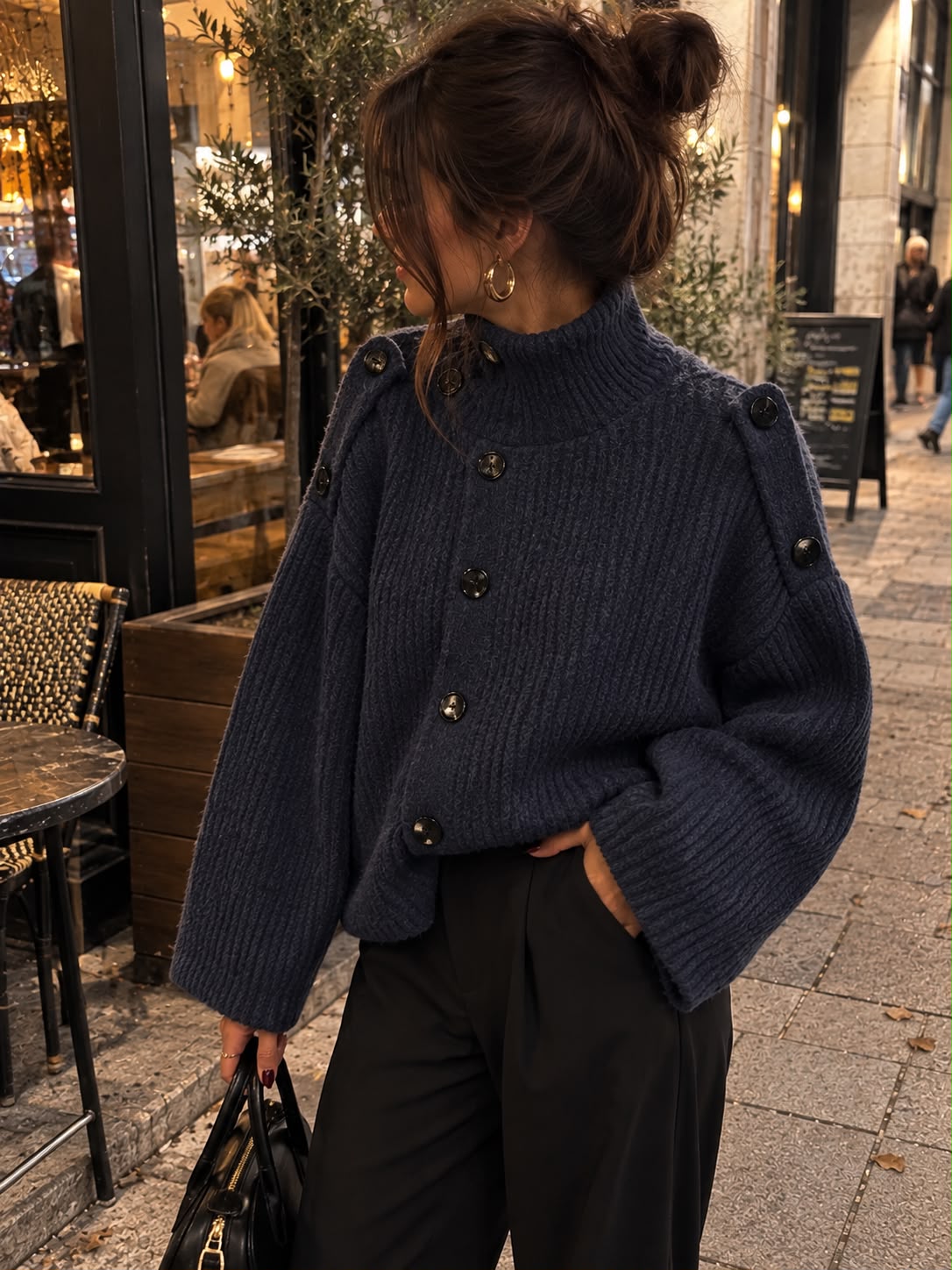 Gilet pull «BLEU NUIT »  à boutons et col montant