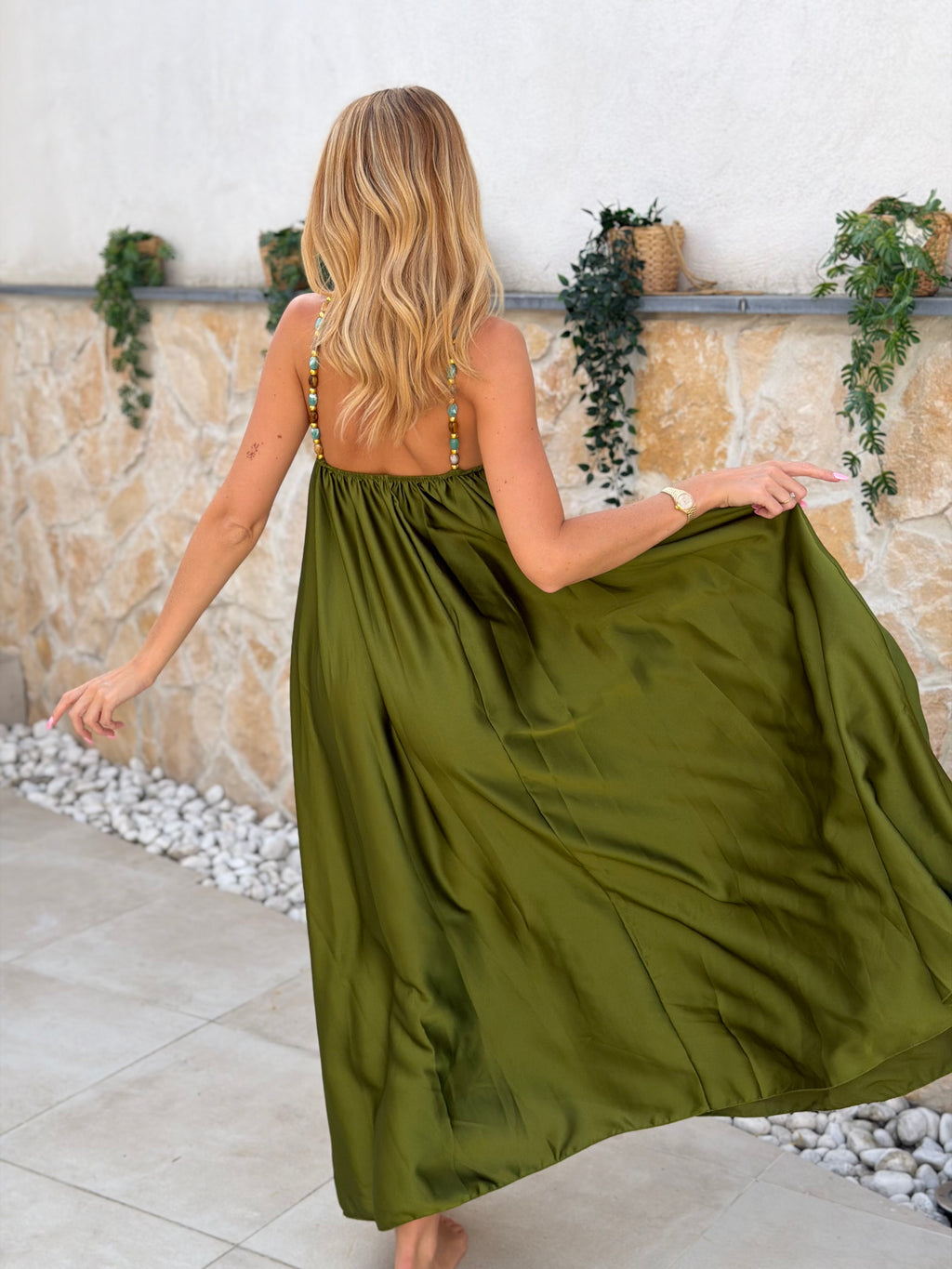 Robe « SATINÉE » VERT OLIVE
