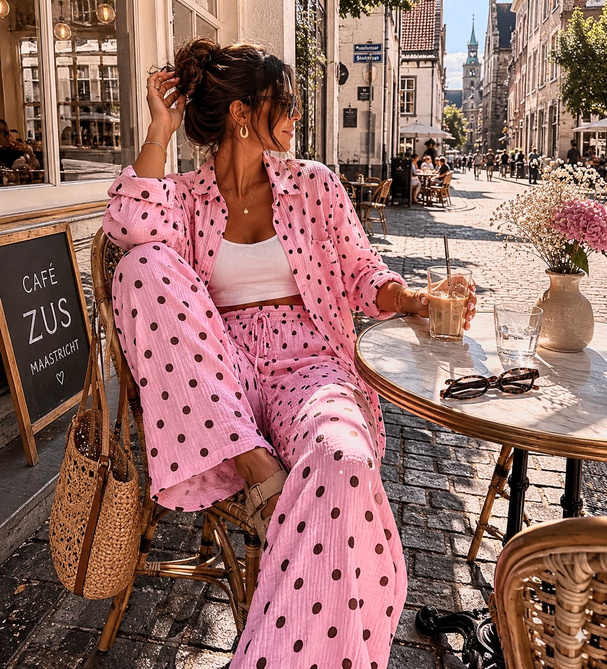 Ensemble « GAZE DE COTON » ROSE A POIS