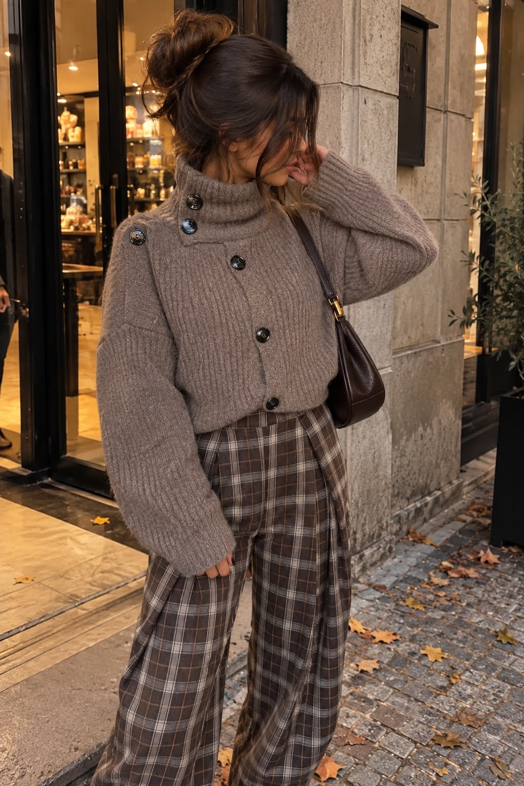 Gilet pull «TAUPE» col montant et boutons noirs